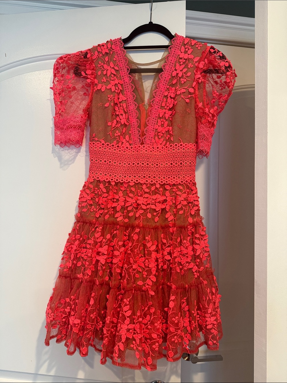 Bronx and Banco Bright Red Floral Lace Mini Dress